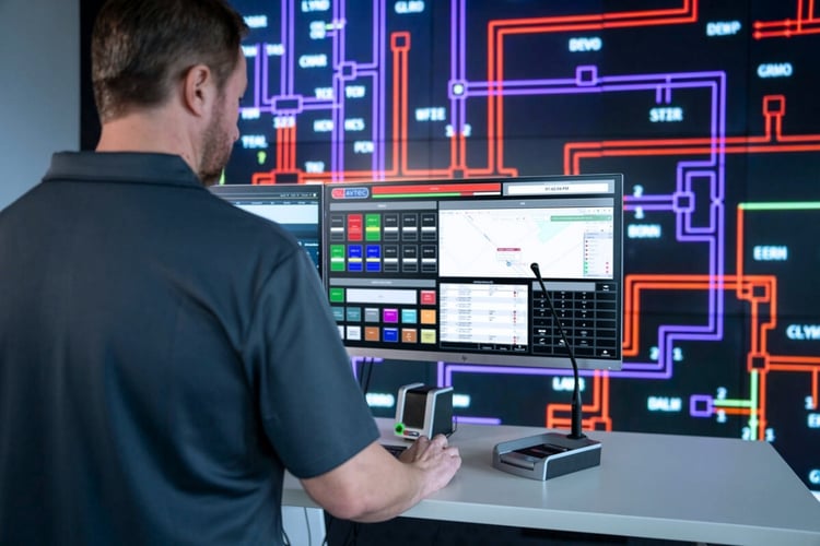 Dispatcher using Avtec Scout dispatch console software at a workstation with real-time communication interface