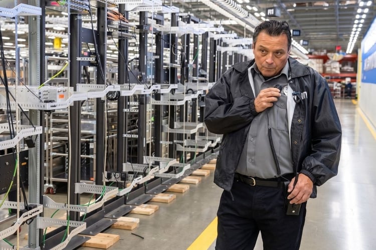 Technician using radio communications equipment while walking through a large data center facility
