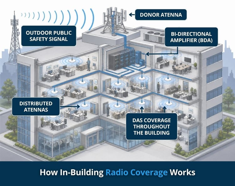 Infographic showing how in-building radio coverage works using a donor antenna, bi-directional amplifier (BDA), and DAS coverage network to distribute public safety radio signals throughout a commercial building.