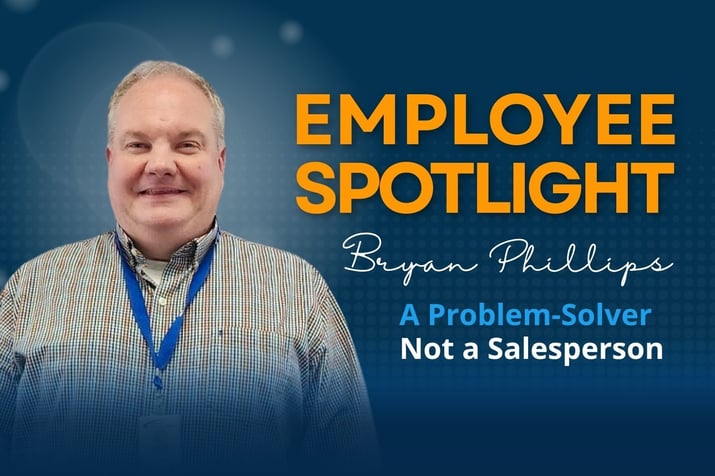 Employee Spotlight graphic featuring Bryan Phillips of Chicago Communications with the headline “Employee Spotlight” and the subtitle “A Problem-Solver Not a Salesperson.”