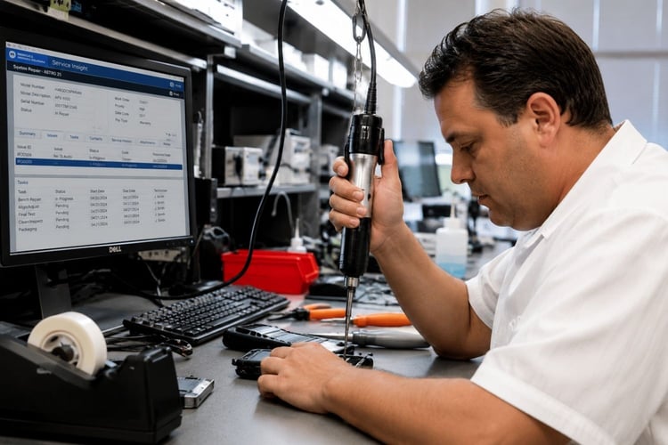 Technician uses a powered screwdriver to repair communications equipment at a professional electronics workbench surrounded by testing tools and computer monitors.