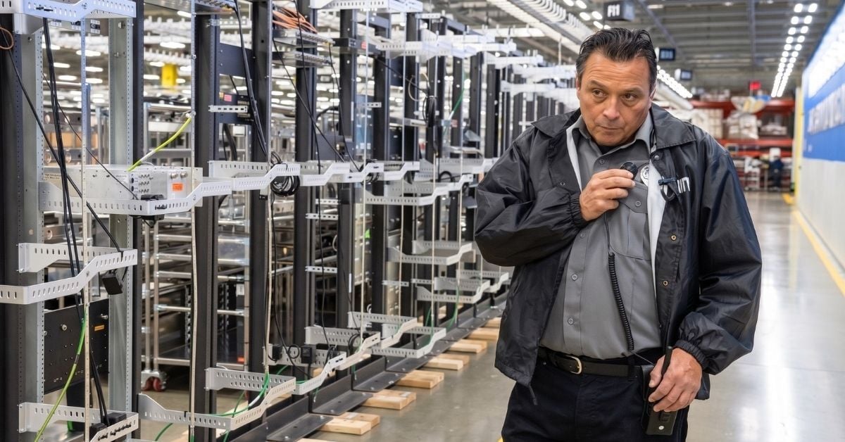 Technician using radio communications equipment while walking through a large data center facility