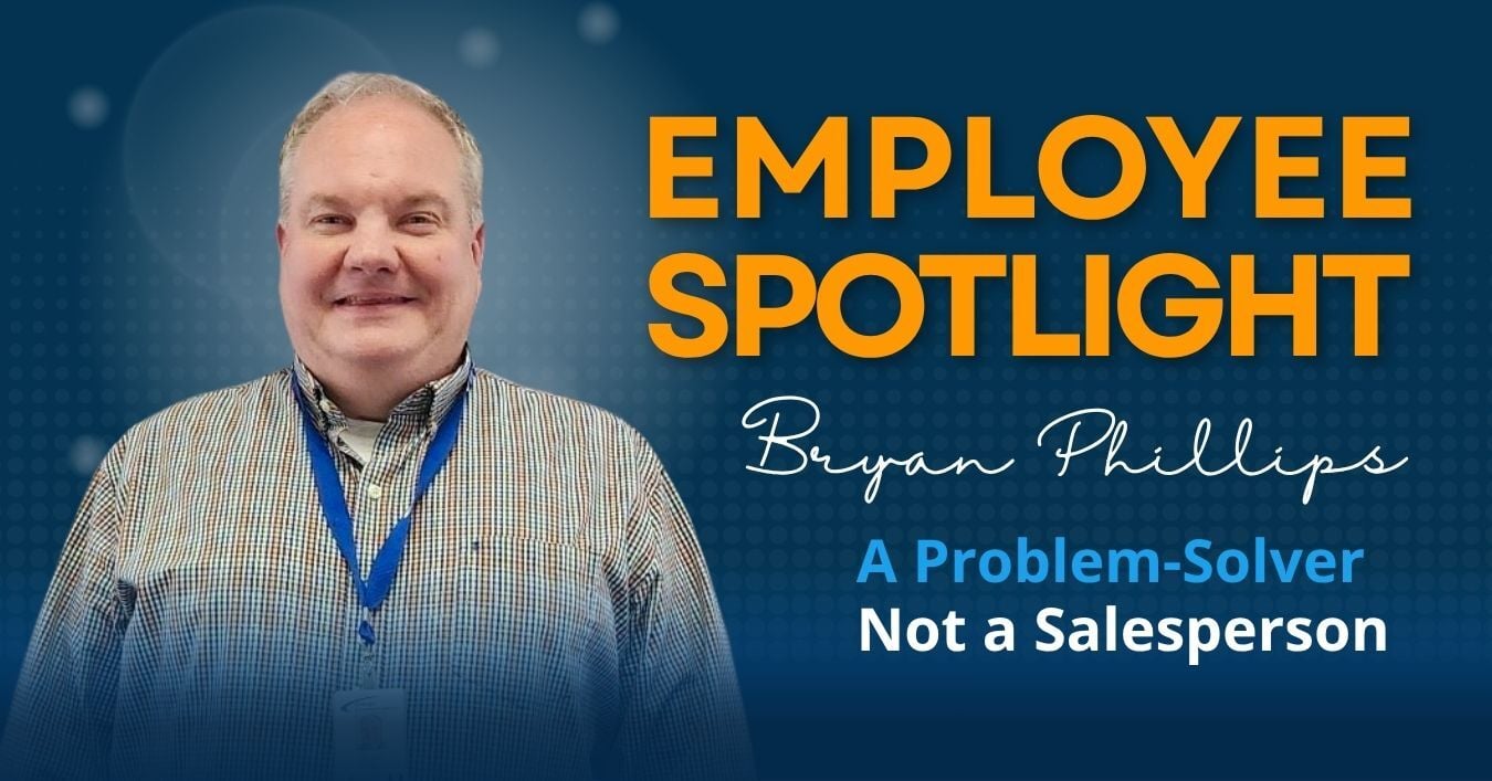 Employee Spotlight graphic featuring Bryan Phillips of Chicago Communications with the headline “Employee Spotlight” and the subtitle “A Problem-Solver Not a Salesperson.”